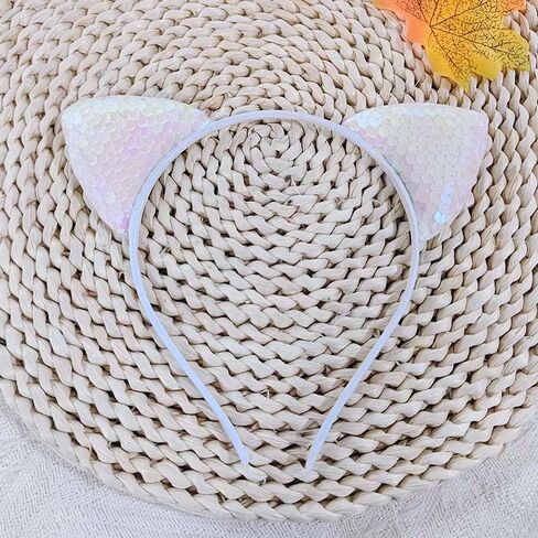 RFTWXHPN White Glitter Cat Ears Headband for Women Girls Sequin Cat Ear Headbands Halloween Cosplay Costume Hair Accessories for Women Cute Cat Ears Head Bands Cat Ear Hair Hoop Bands in Saudi Arabia