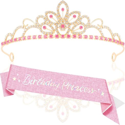 Birthday Sash for Women Birthday Crown for Girls Pink Princess Birthday Decorations Gold Birthday Tiara Rhinestone Crystal Birthday Gifts for Women Happy Birthday Party Favors in Saudi Arabia