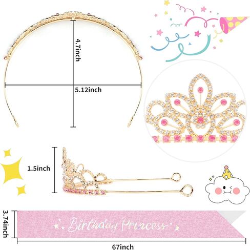 Birthday Sash for Women Birthday Crown for Girls Pink Princess Birthday Decorations Gold Birthday Tiara Rhinestone Crystal Birthday Gifts for Women Happy Birthday Party Favors in Saudi Arabia