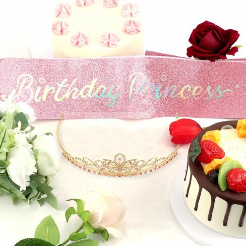 Birthday Sash for Women Birthday Crown for Girls Pink Princess Birthday Decorations Gold Birthday Tiara Rhinestone Crystal Birthday Gifts for Women Happy Birthday Party Favors in Saudi Arabia