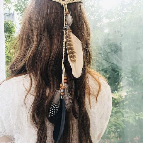 Campsis Indian Peacock Feather Headbands Boho Princess Head Chain Bule Adjust Headdress Handmade Rope Hair Accessories for Women and Girls (B) in Kuwait