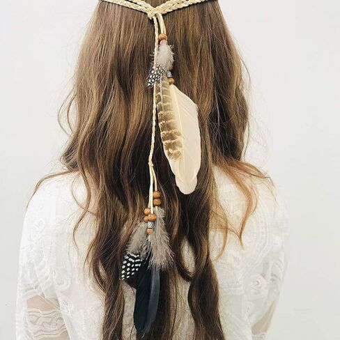Campsis Indian Peacock Feather Headbands Boho Princess Head Chain Bule Adjust Headdress Handmade Rope Hair Accessories for Women and Girls (B) in Kuwait