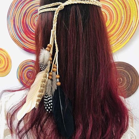 Campsis Indian Peacock Feather Headbands Boho Princess Head Chain Bule Adjust Headdress Handmade Rope Hair Accessories for Women and Girls (B) in Kuwait