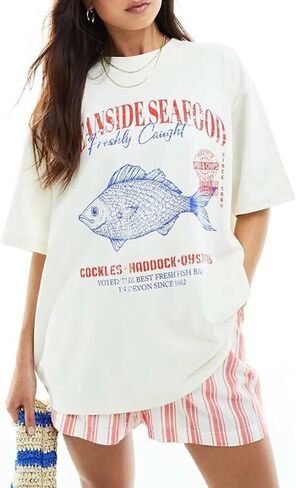Women Girls Cute Vintage Oversized Floral Graphic Tees Y2K Chic Baggy T Shirts Teen Preppy Coastal Summer Tops in Saudi Arabia