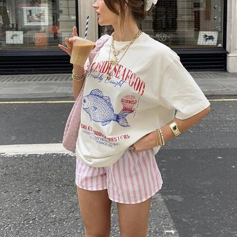 Women Girls Cute Vintage Oversized Floral Graphic Tees Y2K Chic Baggy T Shirts Teen Preppy Coastal Summer Tops in Saudi Arabia