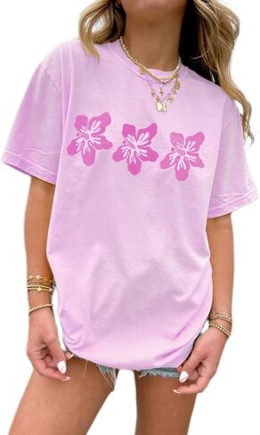 Women Girls Cute Vintage Oversized Floral Graphic Tees Y2K Chic Baggy T Shirts Teen Preppy Coastal Summer Tops in Saudi Arabia