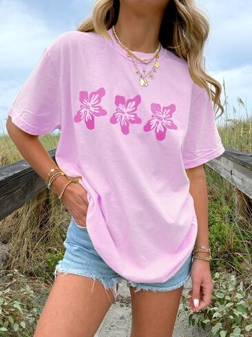 Women Girls Cute Vintage Oversized Floral Graphic Tees Y2K Chic Baggy T Shirts Teen Preppy Coastal Summer Tops in Saudi Arabia