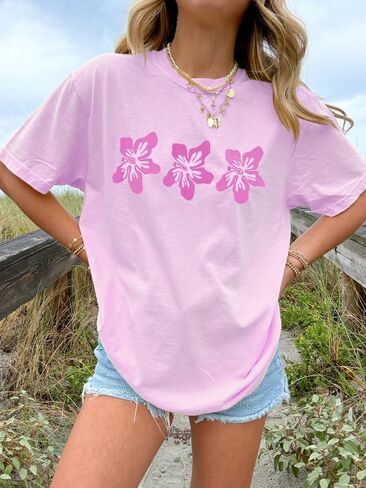 Women Girls Cute Vintage Oversized Floral Graphic Tees Y2K Chic Baggy T Shirts Teen Preppy Coastal Summer Tops in Saudi Arabia