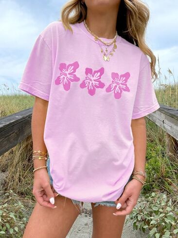Women Girls Cute Vintage Oversized Floral Graphic Tees Y2K Chic Baggy T Shirts Teen Preppy Coastal Summer Tops in Saudi Arabia