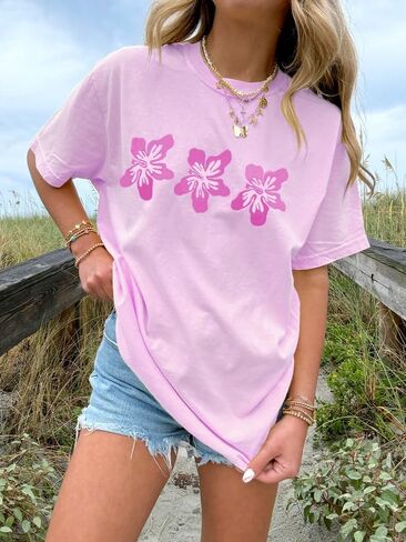 Women Girls Cute Vintage Oversized Floral Graphic Tees Y2K Chic Baggy T Shirts Teen Preppy Coastal Summer Tops in Saudi Arabia
