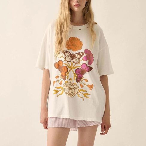Women Girls Cute Vintage Oversized Floral Graphic Tees Y2K Chic Baggy T Shirts Teen Preppy Coastal Summer Tops in Saudi Arabia