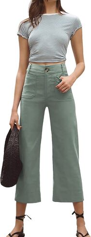 Cropped Wide-Leg Pants Casual High Waist Baggy Pants Stretchy Straight Trousers with Pockets in Saudi Arabia