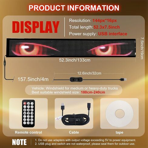 52x7.48Inch Devil Eyes for Windshield, LED Eyes Lights for Truck, Dynamic Digital Scrolling LED Display, App Control and Remote Control, LED Lights for Business Shop Bar (Large Size for Cars/Trucks) in Kuwait