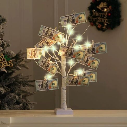 Money Tree Gift Card Holder 24 LED Birch Twig Treelights Battery/USB Powered Light Up Display Twig Gift Card Holder with 22 Clear Clips for Money Card Photo Birthday Graduation in Saudi Arabia