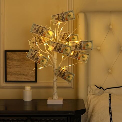 Money Tree Gift Card Holder 24 LED Birch Twig Treelights Battery/USB Powered Light Up Display Twig Gift Card Holder with 22 Clear Clips for Money Card Photo Birthday Graduation in Saudi Arabia