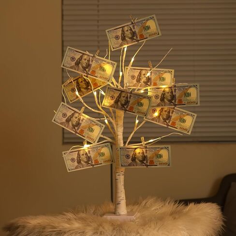 Money Tree Gift Card Holder 24 LED Birch Twig Treelights Battery/USB Powered Light Up Display Twig Gift Card Holder with 22 Clear Clips for Money Card Photo Birthday Graduation in Saudi Arabia