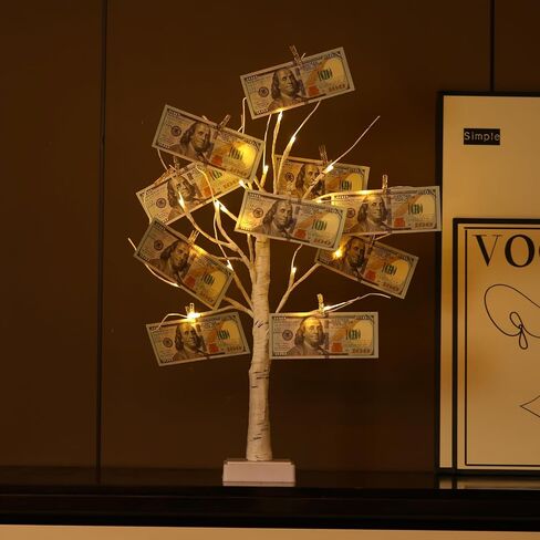 Money Tree Gift Card Holder 24 LED Birch Twig Treelights Battery/USB Powered Light Up Display Twig Gift Card Holder with 22 Clear Clips for Money Card Photo Birthday Graduation in Saudi Arabia