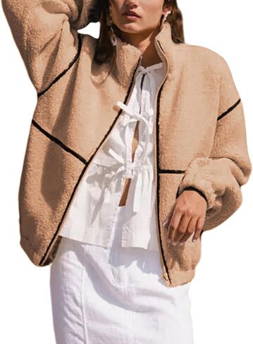 Yeokou Womens Sherpa Fleece Jackets Stand Collar Zip Up Fall Winter Casual 2025 Fuzzy Coats with Pockets in Saudi Arabia
