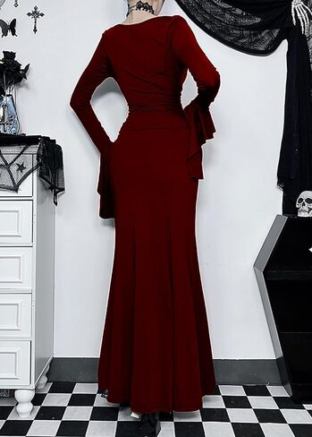 Tsmnzmu فساتين Maxi القوطية للنساء على غرار داكن النحيف فساتين طويلة طويلة الأكمام فستان سهرة عتيقة in Kuwait