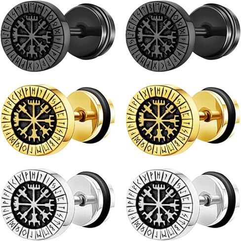 أقراط المقياس المزيفة Aroncent Mens: 3 أزواج من Norse Viking Compass Rune Stains Stains Steel Payge Plugs Plugs - Punk Jewelry مجموعة سيلت الفضة الذهبية in Kuwait