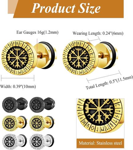 أقراط المقياس المزيفة Aroncent Mens: 3 أزواج من Norse Viking Compass Rune Stains Stains Steel Payge Plugs Plugs - Punk Jewelry مجموعة سيلت الفضة الذهبية in Kuwait