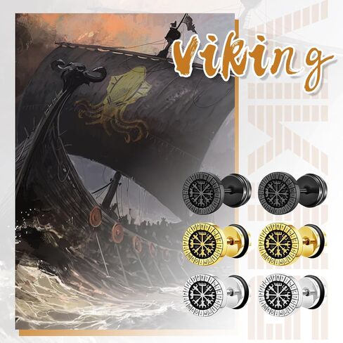 أقراط المقياس المزيفة Aroncent Mens: 3 أزواج من Norse Viking Compass Rune Stains Stains Steel Payge Plugs Plugs - Punk Jewelry مجموعة سيلت الفضة الذهبية in Kuwait