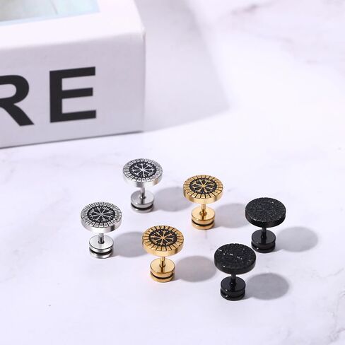 أقراط المقياس المزيفة Aroncent Mens: 3 أزواج من Norse Viking Compass Rune Stains Stains Steel Payge Plugs Plugs - Punk Jewelry مجموعة سيلت الفضة الذهبية in Kuwait