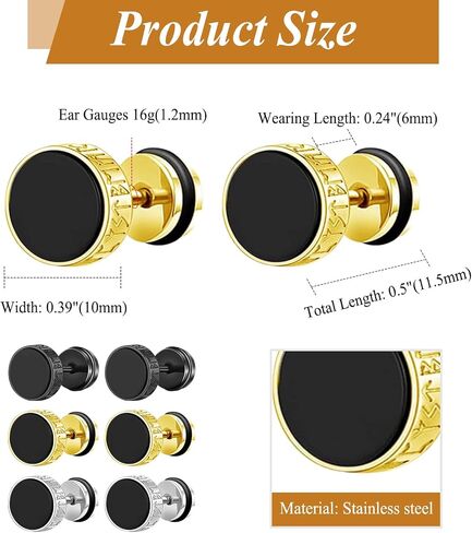 أقراط المقياس المزيفة Aroncent Mens: 3 أزواج من Norse Viking Compass Rune Stains Stains Steel Payge Plugs Plugs - Punk Jewelry مجموعة سيلت الفضة الذهبية in Kuwait
