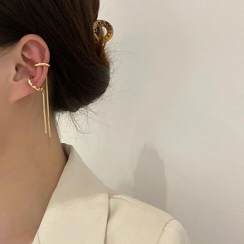 Gold Tassel Ear Cuff Earring Set for Women Minimalist Geometric Zircon Long Fringe Chain Non Piercing Clip On Earrings Trendy Statement Jewelry Gift in Kuwait