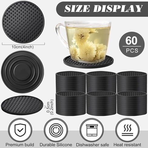 36 Pcs Silicone Coasters for Drinks Non-slip Silicone Drink Coasters Heat Resistant for Protects Any Table Type Tabletop Coffee Bar Black Coasters in Kuwait