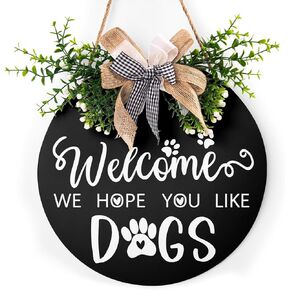 Welcome We Hope You Like Dogs Sign 12""x12"" Farmhouse Door Sign for Front Door Porch Decor Eucalyptus Leaves Buffalo Bow Welcome Wreath Sign Hanging for Dogs Lovers Gift, Black