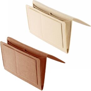 2pcs Felt Bedside Caddy Storage Bag with 5 Pockets, Bed Sofa Hanging Organizer for Magazines Books Glasses, College Dorm Bed Organization Bedroom Organizer (Beige+Brown)