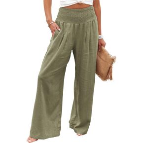 HEZIOWYUN Linen Pants for Women Wide Leg Elastic High Waisted Palazzo Pants Lounge Yoga Trousers with Pockets