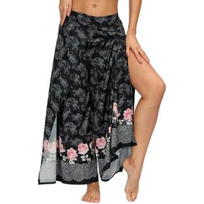 YULUOSHA Women's Boho Hippie Split Pants with Wide Leg,Bohemian Loose Yoga Palazzo Pants Summer Casual Floral Trousers