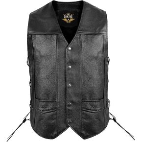 Genuine Leather Motorcycle Vest 2 Concealed Pockets Biker Vest Adjustable Side Laces Riding Club Vest for Men