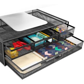 MOUNT-IT! Computer Monitor Stand With Drawers, Metal Mesh Riser and Organizer for Laptops and Computer Screens, Laptop, and Printer Accessories and Office Supplies (Black)