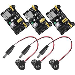 3.3V 5V MB102 Solderless Breadboard Power Supply Module with 9V Battery Clip Power Cable 2.1x 5.5mm Male DC Jack Plug for Arduino (Pack of 3)