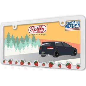 Cute Pink Strawberry License Plate Frame for women by Spiffy Accessories | Kawaii White License Plate Cover | Aesthetic Boho Pretty Tag Holder for Cars | Great Gift for New Car Owner | Made in the USA