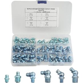 WMYCONGCONG 80 PCS Hydraulic Zerk Grease Fitting Assortment Kit SAE Standard including Straight, 90 Degree, 45 Degree Angled Grease Fitting for Replacing Missing or Broken Zerk Fitting