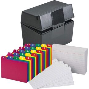 Plastic Index Card Flip Top File Box Holds 300 5 x 8 Cards, Matte Black, With Poly Card Guides, A-Z, 5 x 8 -Inch, and Heavy Weight Index Cards, 5" x 8", Ruled, White, 100/Pack (5x8 Inch)