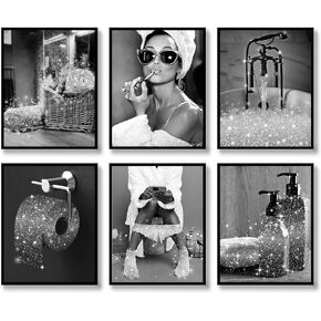 Fashion Wall Art Bathroom Wall Decor Prints Set of 6 Black and White Gold Glam Glitter Canvas Posters Pictures Photos Bathroom Artwork Wall Modern Women Funny Bathroom (B&W GOLD, 8"x10" UNFRAMED)