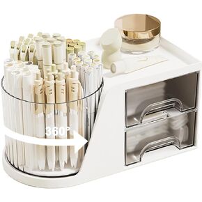SAYEEC Rotating Desk Organizer with 2 Drawer 6 Slots Multi-Functional Pencil Pen Holder Desktop Makeup Organizer Stationery Accessories Storage Box Caddy for Office School Home Art Supplies (White)