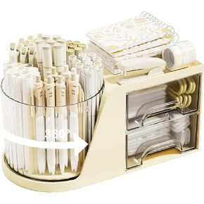 SAYEEC Rotating Desk Organizer with 2 Drawer 6 Slots Multi-Functional Pencil Pen Holder Desktop Makeup Organizer Stationery Accessories Storage Box Caddy for Office School Home Art Supplies (White)