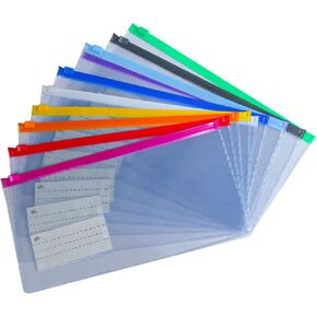 10 Pack Plastic Envelopes Pencil Pouch,Clear Pencil Bags with Zipper,10 Colors with Label Reusable Pencil Pouches for Office Supplies (A-Multicolor)