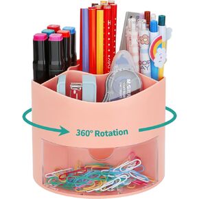 LETURE 360-Degree Rotating Pen Pencil Holder, Desk Organizer Office Supplies with Drawer,Desktop Stationary Organizer Storage for Desktop Accessories,Office,Classroom,Home (PINK)