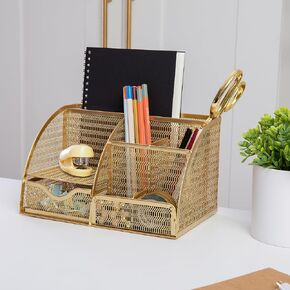 Martha Stewart Ryder Gold Mesh Metal Small Desktop Organizer for Office Accessories, Notebooks, Pen Holder and Drawer