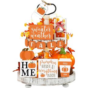 Sumind 15 Pcs Fall Tiered Tray Decor Set Hello Fall Decor Autumn Wood Signs Thanksgiving Orange Brown Table Signs Farmhouse Wooden Maple Pumpkin Gnomes Tabletop for Festival Home Decor(Harvest)