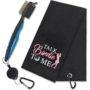 Talk Birdie to Me Embroidered Golf Towels with Clip and Golf Brush with Retractable Extension Cord, Funny Golf Towel Gifts and Golf Accessories Set for Mom Women Daughter Wife Her Golf Fan