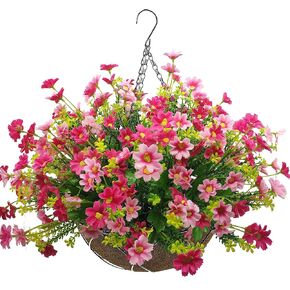 Artificial Hanging Flowers with Basket,Fake Daisy Flowers in 12 inch Coconut Lining Hanging Baskets for The Decoration of Courtyard, Indoors, and Outdoors(Purple)