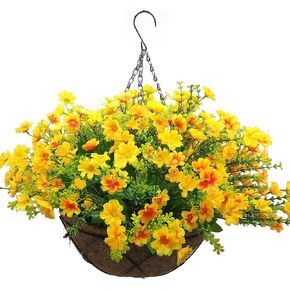 Artificial Hanging Flowers with Basket,Fake Daisy Flowers in 12 inch Coconut Lining Hanging Baskets for The Decoration of Courtyard, Indoors, and Outdoors(Purple)